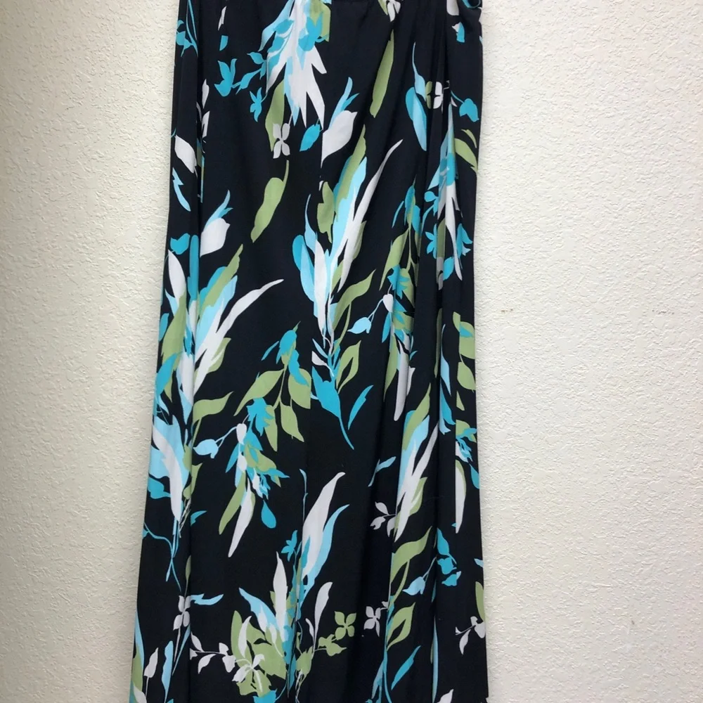 Notations Black High-Low Skirt with Blue, Green & White Leaf Print